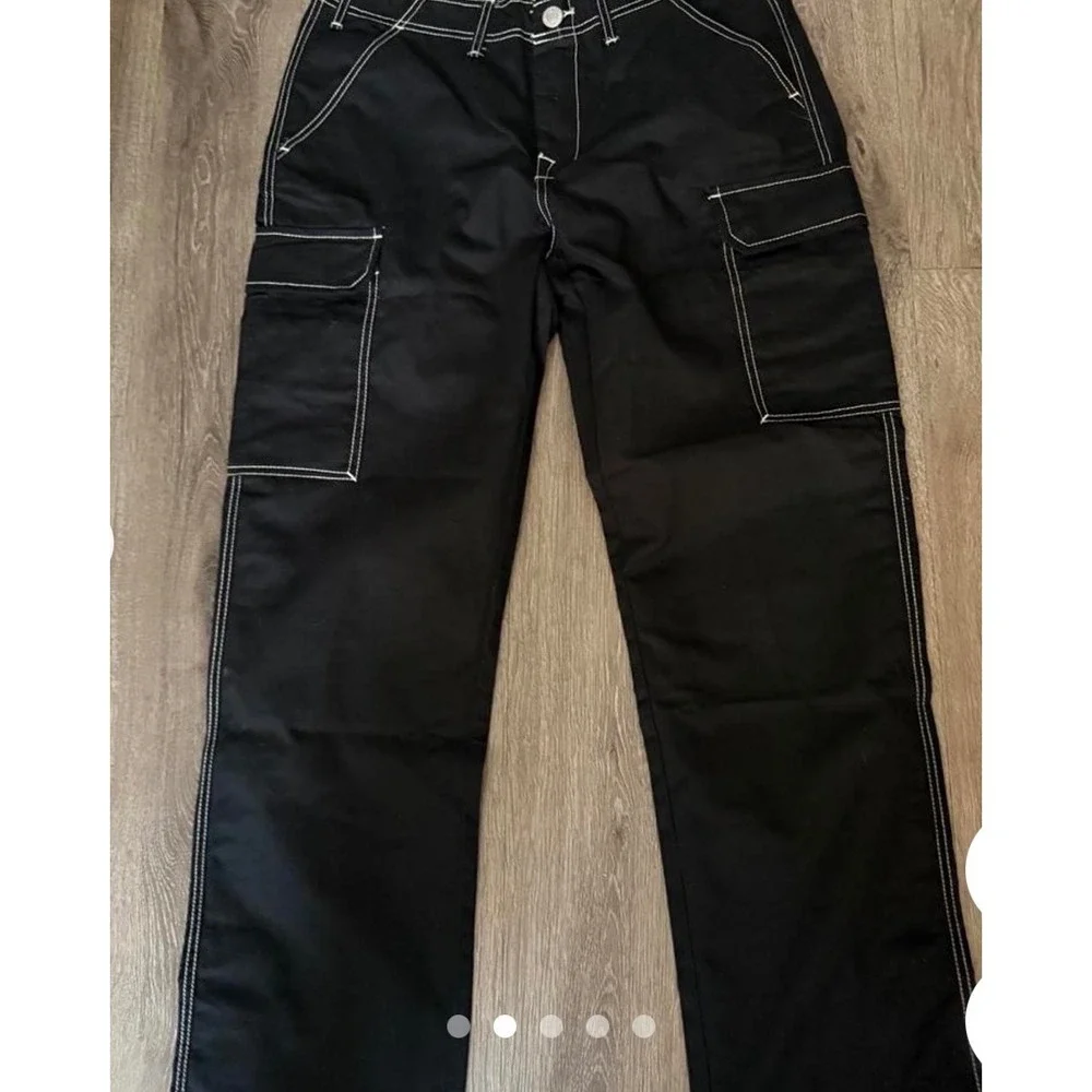 True Religion Cargo Pants Mens 36 Black NEW Baggy White Contrast Stitch 701060